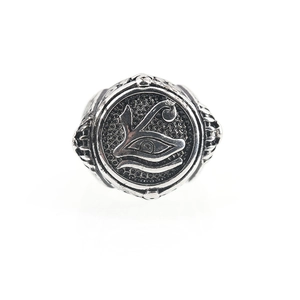 Vintage stainless steel Eye of Horus ring with antique silver finish and embossed details