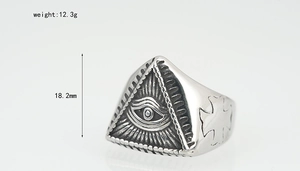 Detail view of vintage titanium steel pyramid ring with all-seeing eye and weight specs