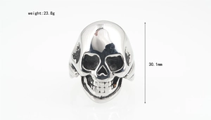 Detailed view of skull ring showing 23.8g weight and 30.1mm height dimensions
