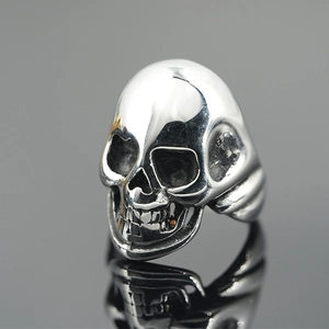Gothic skull ring for men in vintage stainless steel with polished silver finish
