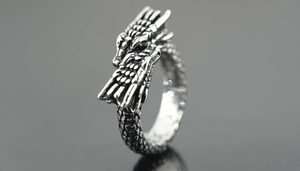 Macro shot of vintage dragon ring in aged silver with detailed scales and dragon head