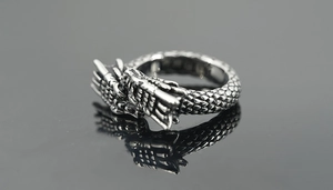 Macro detail of gothic dragon ring showing intricate vintage steel scales and head