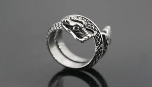 Macro shot of vintage silver dragon ring with intricate scale texture and dragon head detail