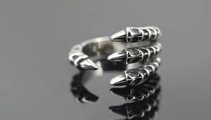 Macro shot of silver dragon claw ring showing detailed texture and punk gothic style