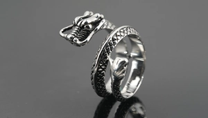 Detailed close-up of a silver dragon ring featuring intricate scales and a dual spiral band