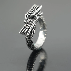 Vintage Stainless Steel Chinese Dragon Ring For Men Domineering Punk Style Distressed Oxidized Double Dragon Head Band Ring Jewelry