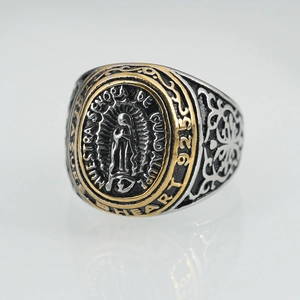 Bague Chevalière Religieuse Vintage Notre-Dame De Guadalupe Vierge Marie Acier Titane Bicolore Vigne Sculptée Bague Punk