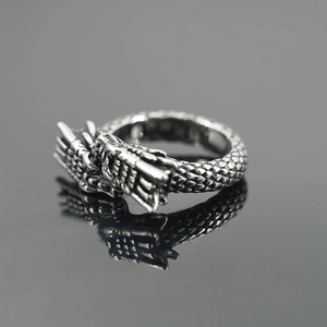 Vintage stainless steel dragon ring for men with realistic scales and antique silver finish