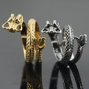 Gothic dragon heads wrap rings in gold and silver finish with detailed scales