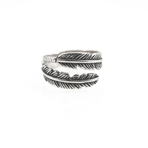 Vintage retro feather open ring for men in antique finish stainless steel design