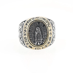 Bague chevalière Vierge Marie vintage en acier inoxydable bicolore avec gravure pieuse