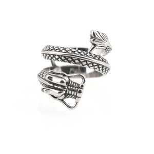 Retro punk style dragon shaped titanium steel open ring with a vintage silver finish