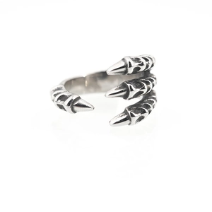 Retro punk dragon claw open ring in silver stainless steel with vintage texture