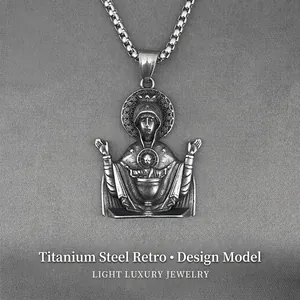Vintage Religious Virgin Mary Relief Pendant Necklace Titanium Steel Retro Oxidized Street Style Men Women Jewelry Accessory