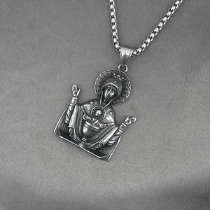 Vintage Virgin Mary pendant necklace in stainless steel with a rustic silver finish