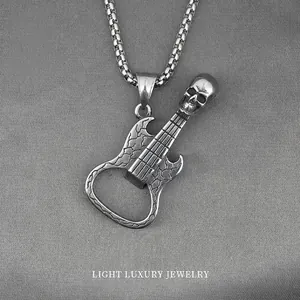 Retro Titanium Steel Skull Guitar Pendant Necklace For Men Punk Gothic Style Bottle Opener Accessory Jewelry