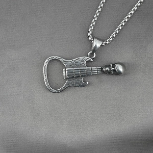 Retro titanium steel guitar necklace with skull head and functional bottle opener