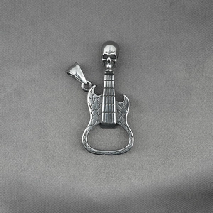 Skull guitar pendant necklace in vintage silver stainless steel with bottle opener function