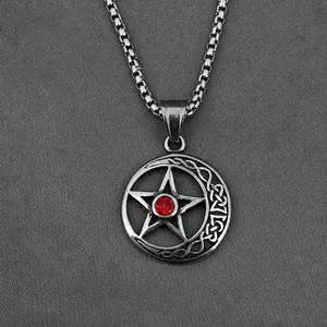 Collar con Colgante de Pentagrama y Luna Creciente Gótico Vintage de Acero de Titanio Plata Antigua Nudo Celta Joyería para Hombre