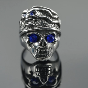 Men's Gothic Skull Ring With Blue Rhinestones Titanium Steel Retro Punk Rock Exaggerated Ghost Face Biker Ring Jewelry