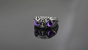 Primer plano de un anillo de búho plateado vintage con ojos púrpuras y plumas grabadas