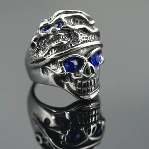 Gothic skull ring for men with deep blue crystal eyes and vintage stainless steel finish