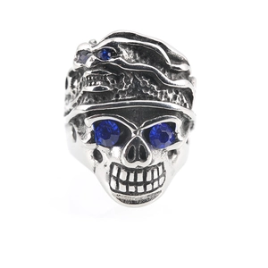 Gothic punk skull ring in silver titanium steel featuring striking blue crystal eye accents