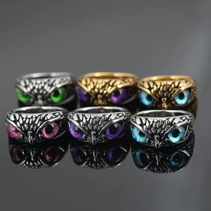 Anillo de Ojo de Búho de Acero de Titanio Vintage Gótico Punk Cabeza de Animal para Hombre Mujer Joyería de Moda Callejera