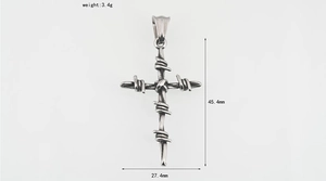 Detail view of retro steel cross pendant with wire thorns and dimensions 45.4mm by 27.4mm