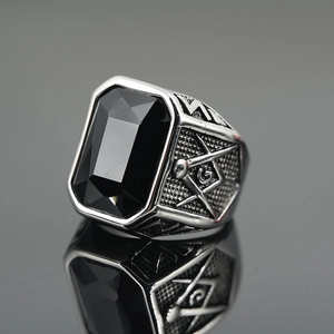 Men's vintage Masonic ring with large black rectangle gemstone in silver stainless steel