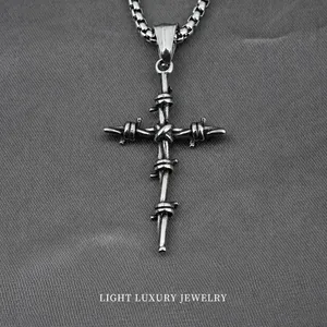 Vintage Punk Barbed Wire Wrapped Cross Pendant Necklace Men Titanium Steel Distressed Gothic Industrial Religious Jewelry Box Chain Gift