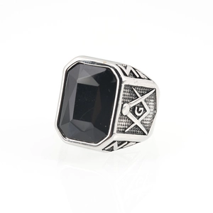 Men's vintage titanium steel Freemason ring with rectangular black faceted gemstone