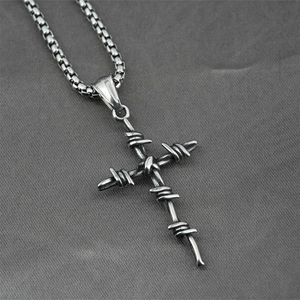 Vintage gothic titanium steel cross necklace with barbed wire design on box chain