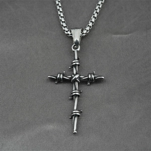 Vintage punk style cross necklace with wire-wrapped design and steel box chain for men