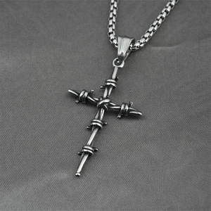 Gothic punk titanium steel cross pendant necklace with barbed wire design and box chain