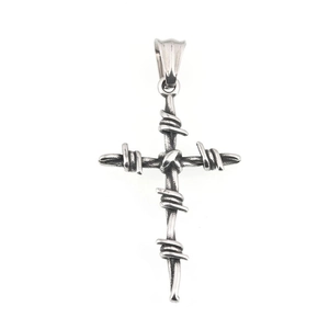 Retro punk style stainless steel cross necklace with barbed wire design in silver