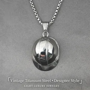 Titanium Steel Construction Safety Helmet Pendant Necklace Retro Industrial Style Mirror Polished Box Chain Unisex Jewelry