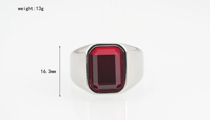 Detail of a men's silver ring with a large rectangular red gemstone and 16.3mm width