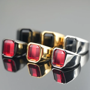Vintage Polished Titanium Steel Rectangular Rhinestone Ring For Men Fashion Bold Stainless Steel Band Ring Business Jewelry Gift
