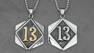 Detail of hexagon pendants with number 13 featuring retro hammered texture on chain