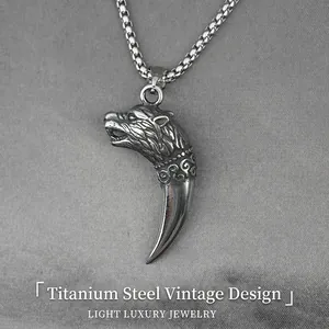 Collier Pendentif Tête de Loup Dent Vintage Acier Inoxydable Punk Viking Style Autoritaire Hommes Bijoux Chaîne de Pull