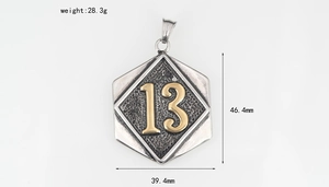 Detail view of hex necklace pendant with number 13, showing size 46.4mm by 39.4mm