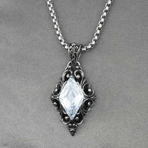 Retro titanium steel necklace with large white zircon pendant and vintage hollow patterns