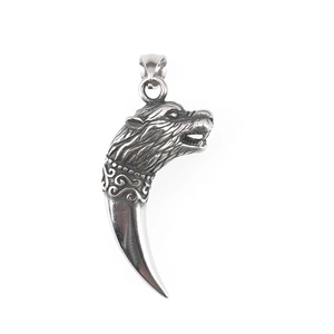 Collier avec pendentif tête de loup et dent en acier inoxydable au fini argenté vieilli