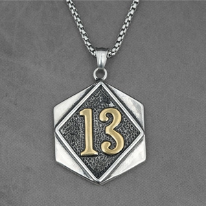 Hip hop titanium steel necklace featuring a textured silver pendant with golden 13 digit