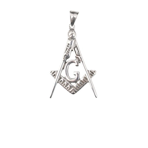 Silver polished stainless steel Masonic pendant necklace with square and compass G symbol