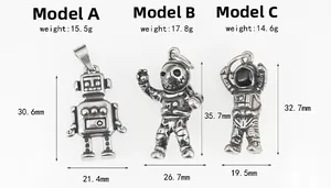 Detailed view of astronaut and robot pendants with dimensions and weights for sizing