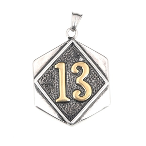 Hip hop titanium steel necklace featuring a hexagonal pendant with golden number 13