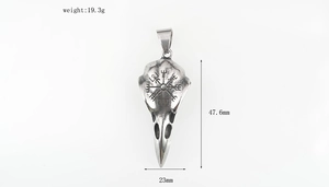 Detail of Viking bird skull pendant featuring Vegvísir symbol in antique silver finish