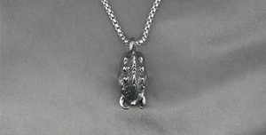 Détail d'un pendentif scarabée vintage en acier titane sur une chaîne pour homme